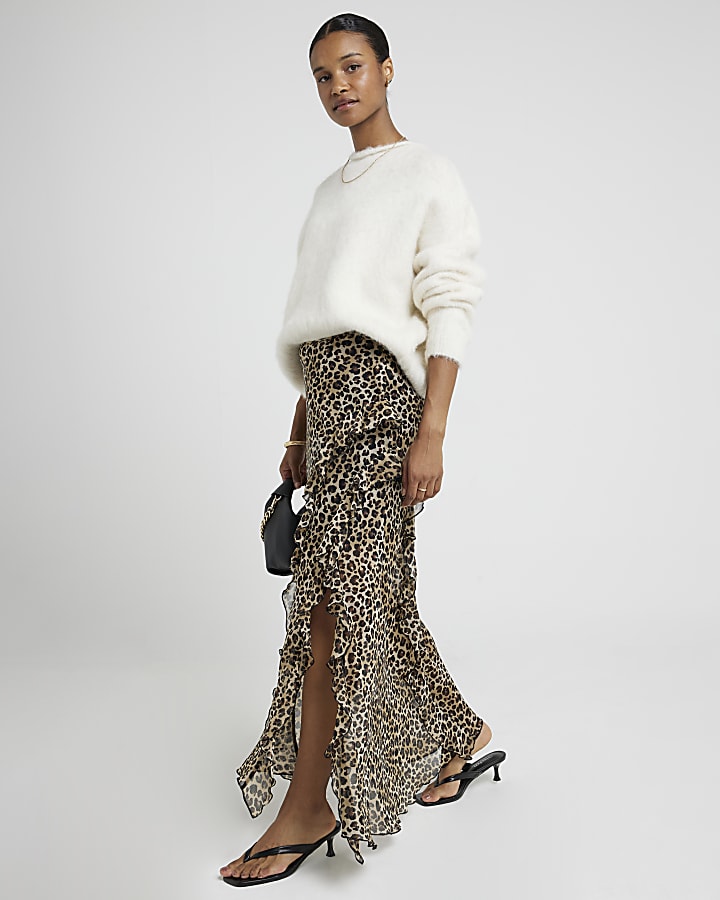 Brown chiffon leopard frill maxi skirt