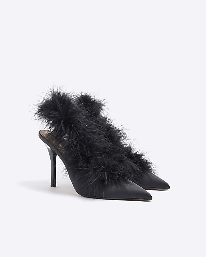 Black Feather Sling Back Court Shoes