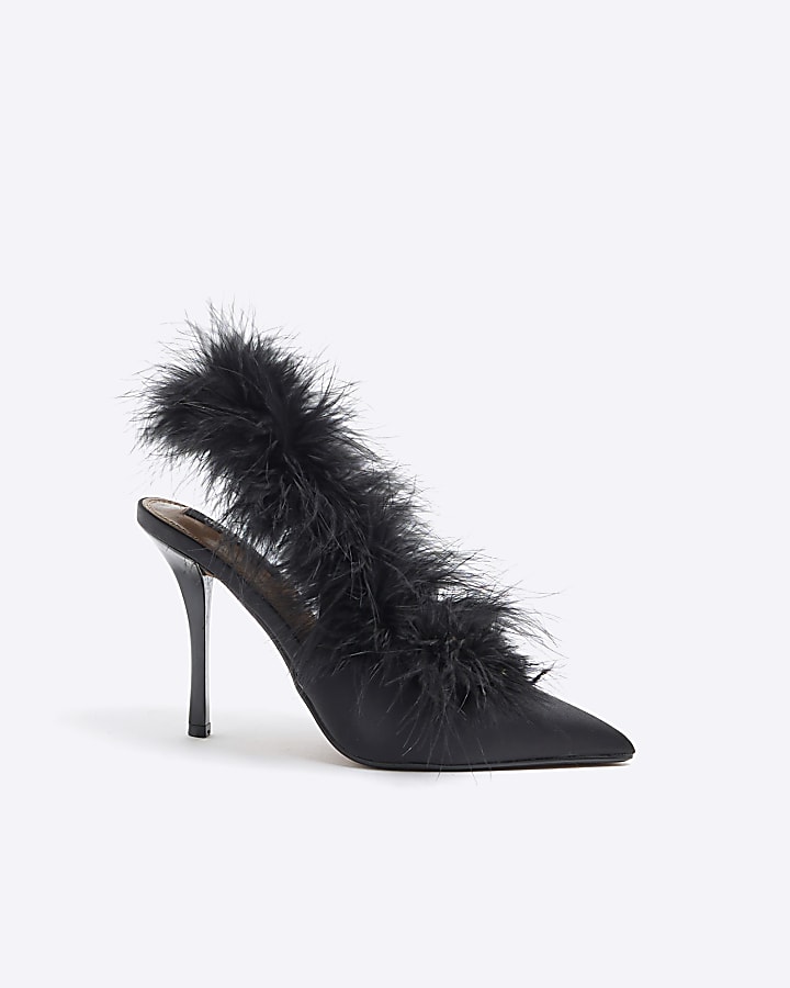 Black Feather Sling Back Court Shoes