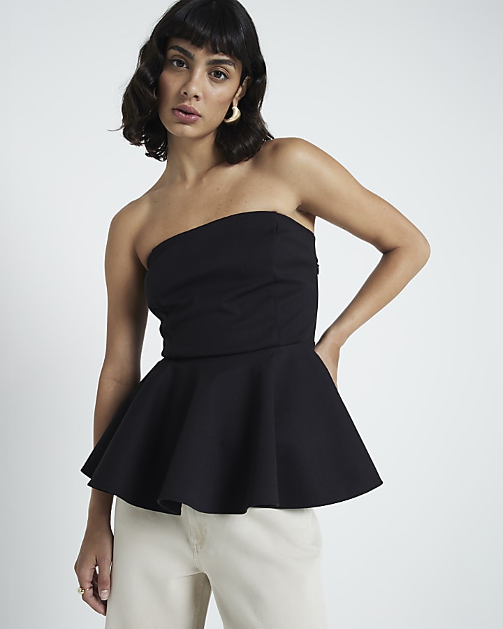 Black bandeau peplum top River Island