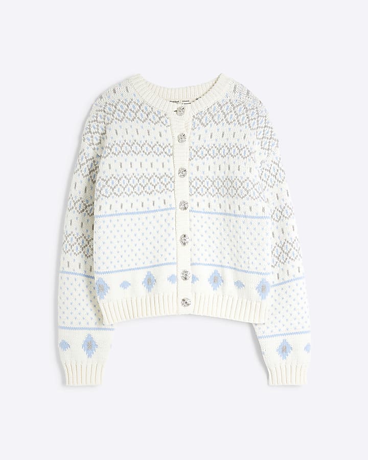 Cream Button Up Fair Isle Print Cardigan