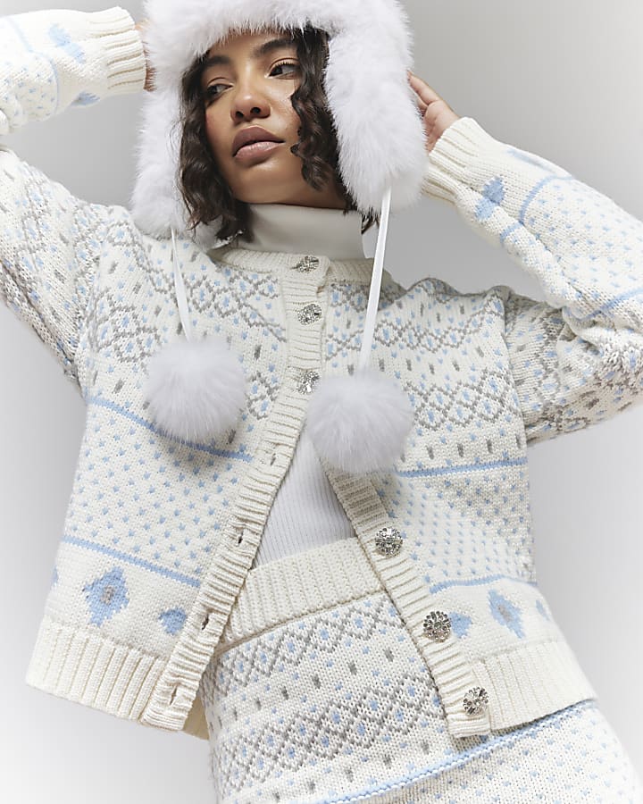 Cream Button Up Fair Isle Print Cardigan