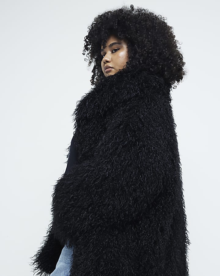 Plus black oversized shaggy faux fur coat