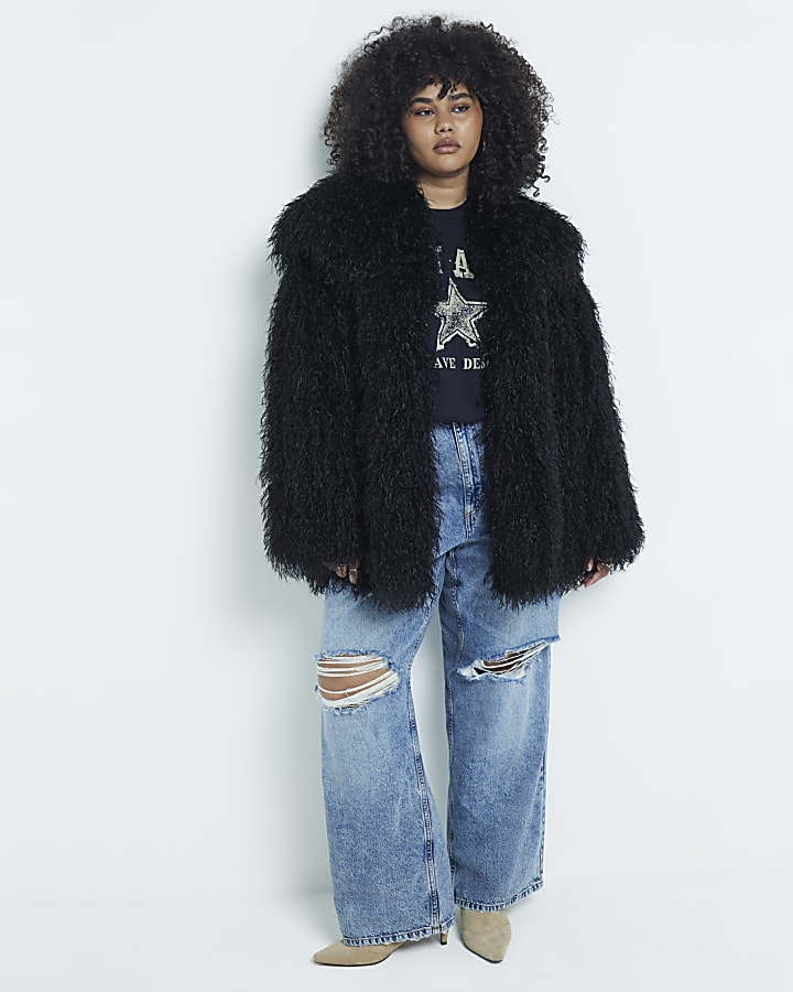 Black plus size faux fur coat online