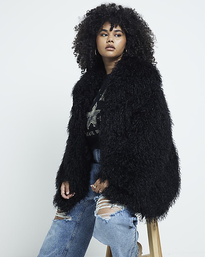 Plus black oversized shaggy faux fur coat