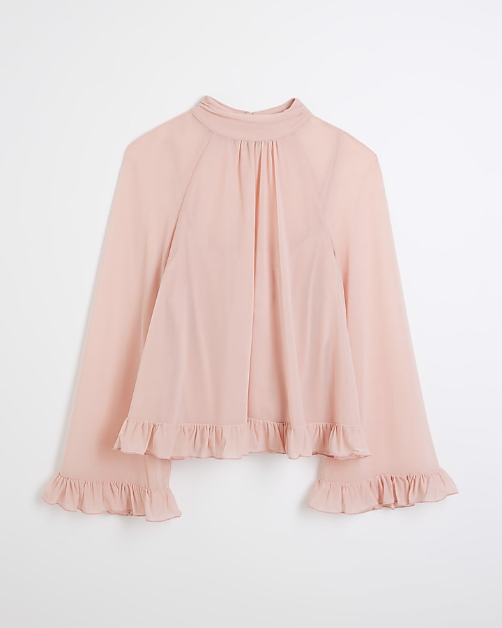 Pink Chiffon Mesh frill Blouse