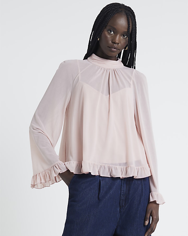 Pink Chiffon Mesh frill Blouse