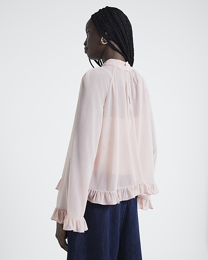 Pink Chiffon Mesh frill Blouse