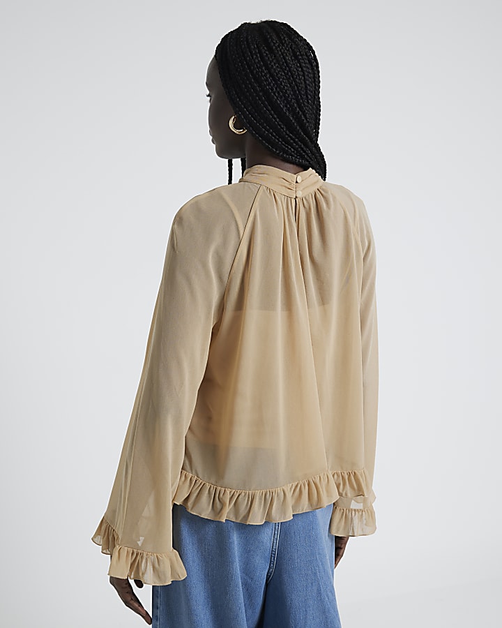 Beige Chiffon Mesh Blouse