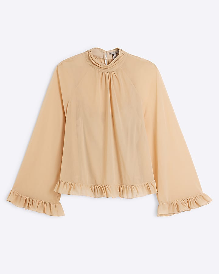 Beige Chiffon Mesh Blouse