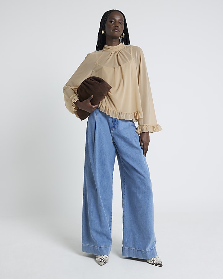 Beige Chiffon Mesh Blouse