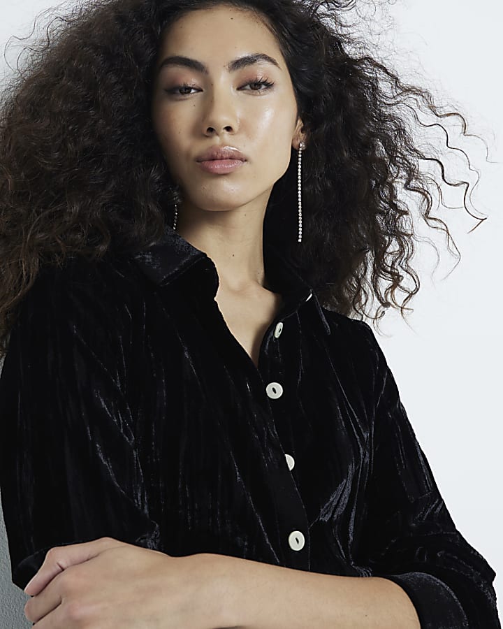Black Long Sleeve Velvet Shirt