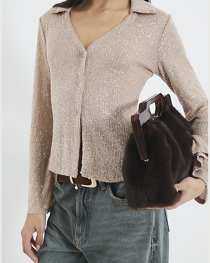 Beige Sequin Long Sleeve Shirt