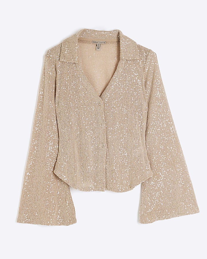 Beige Sequin Long Sleeve Shirt