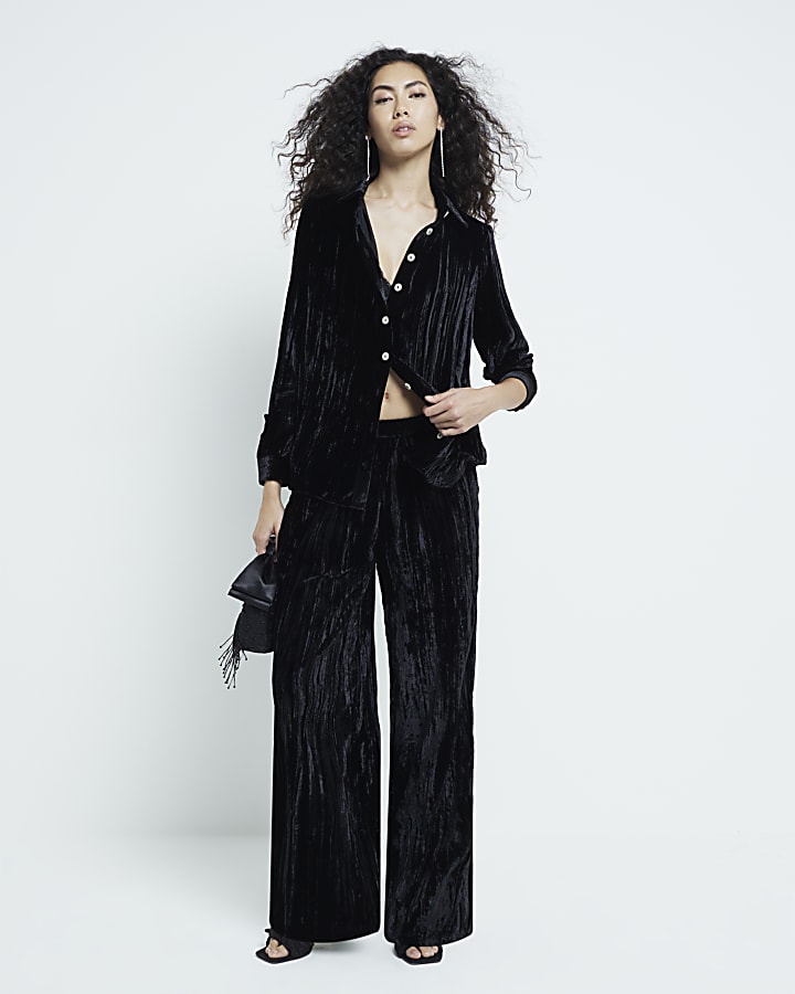 Black Velvet Wide Leg Trousers