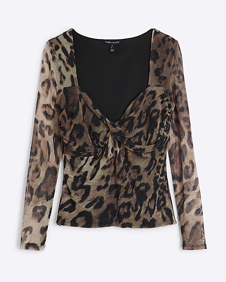 Brown leopard twist mesh long sleeve top