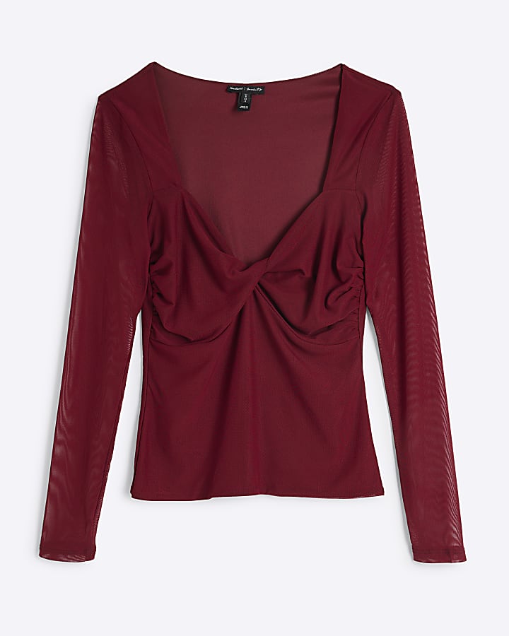 Red twist mesh long sleeve top