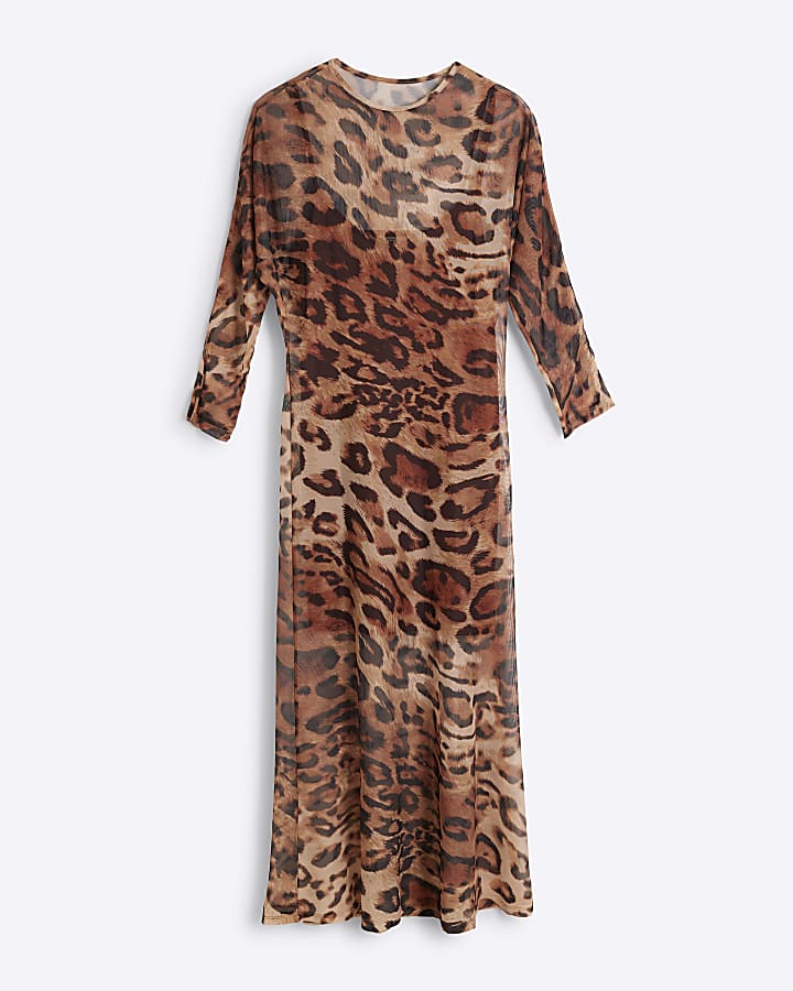 Petite brown mesh leopard bodycon midi dress