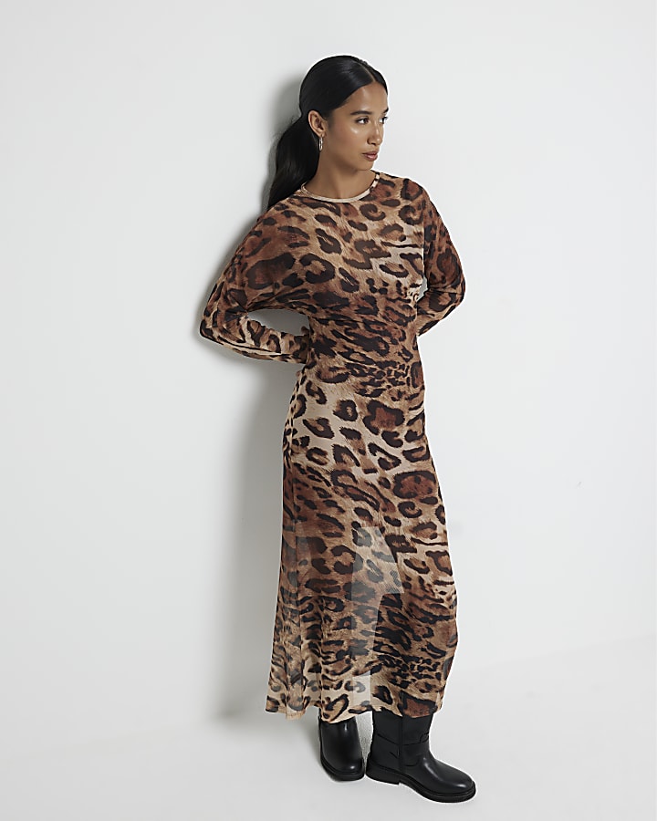 Petite brown mesh leopard bodycon midi dress