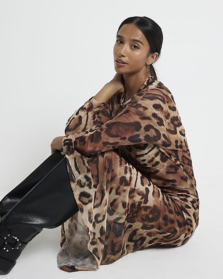 Petite brown mesh leopard bodycon midi dress