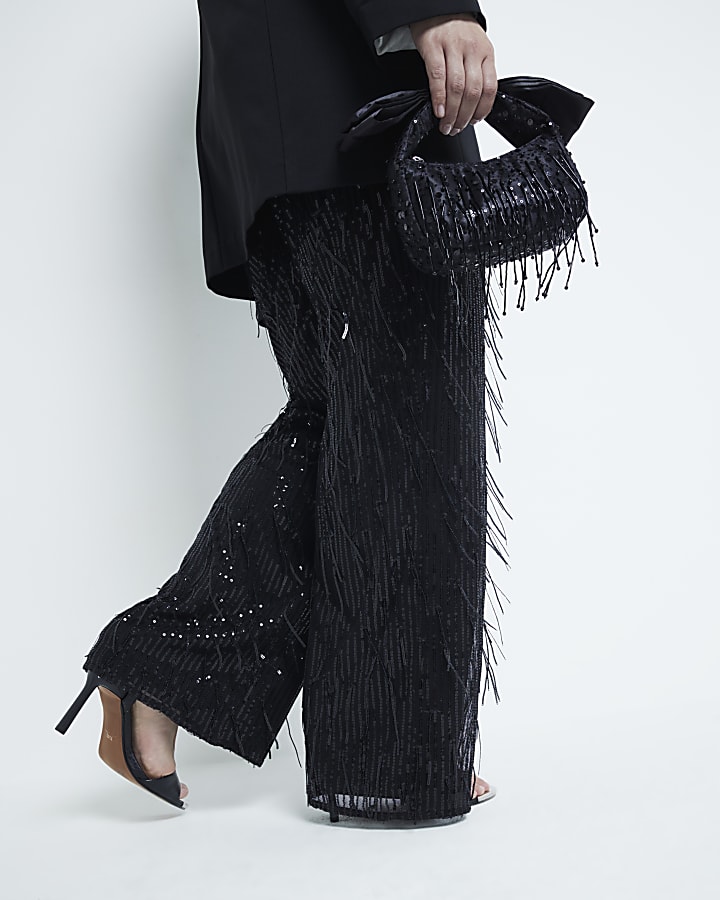 Plus Black Sequin Tailored Fringe Trousers