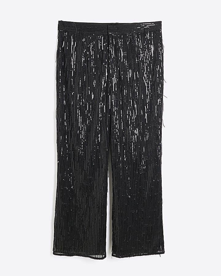 Plus Black Sequin Tailored Fringe Trousers