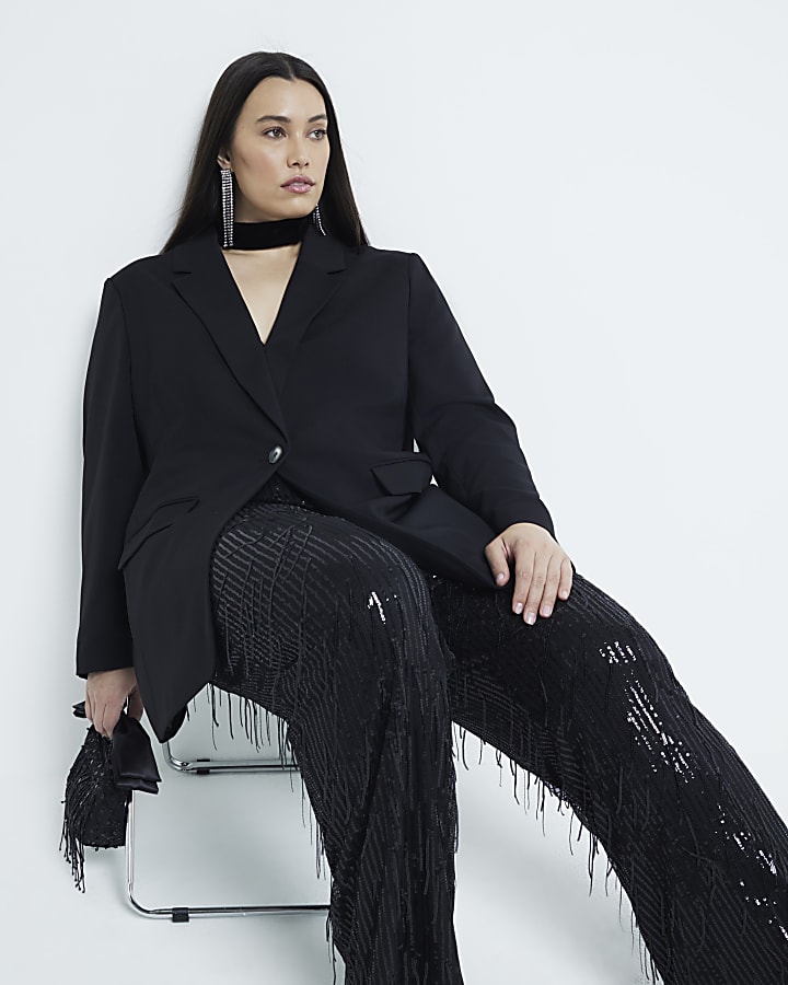 Plus Black Sequin Tailored Fringe Trousers