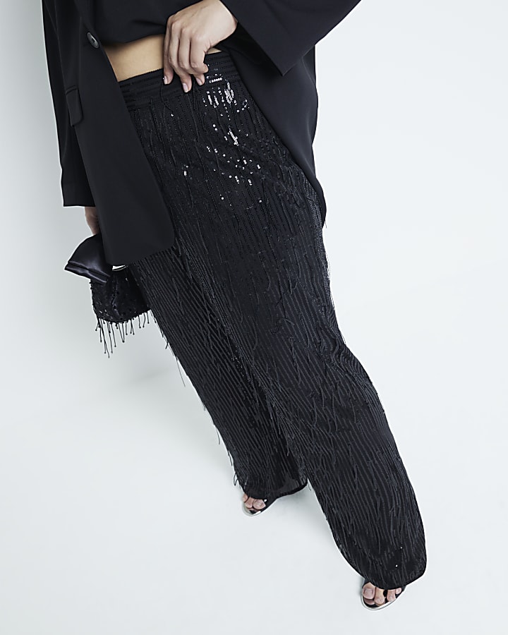 Plus Black Sequin Tailored Fringe Trousers