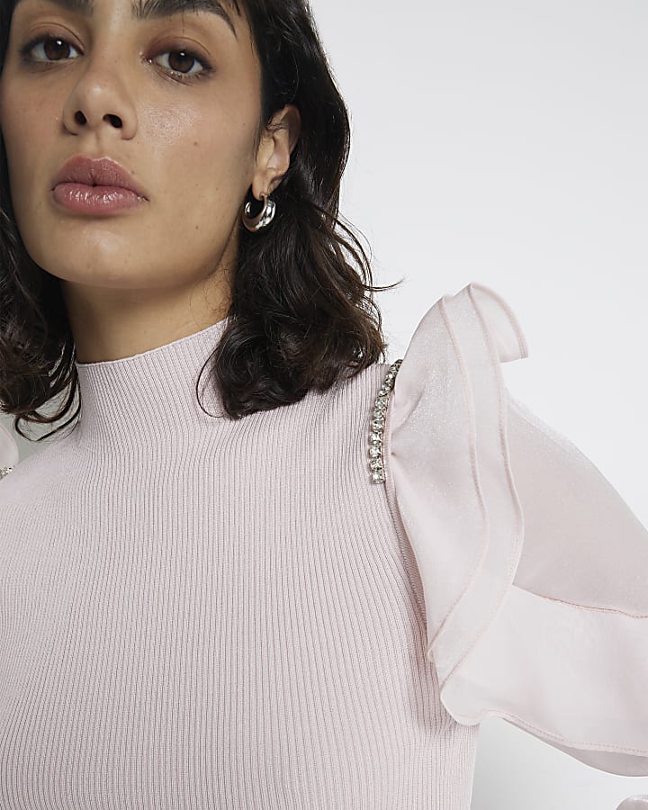 Pink Knit Frill Sleeve Top