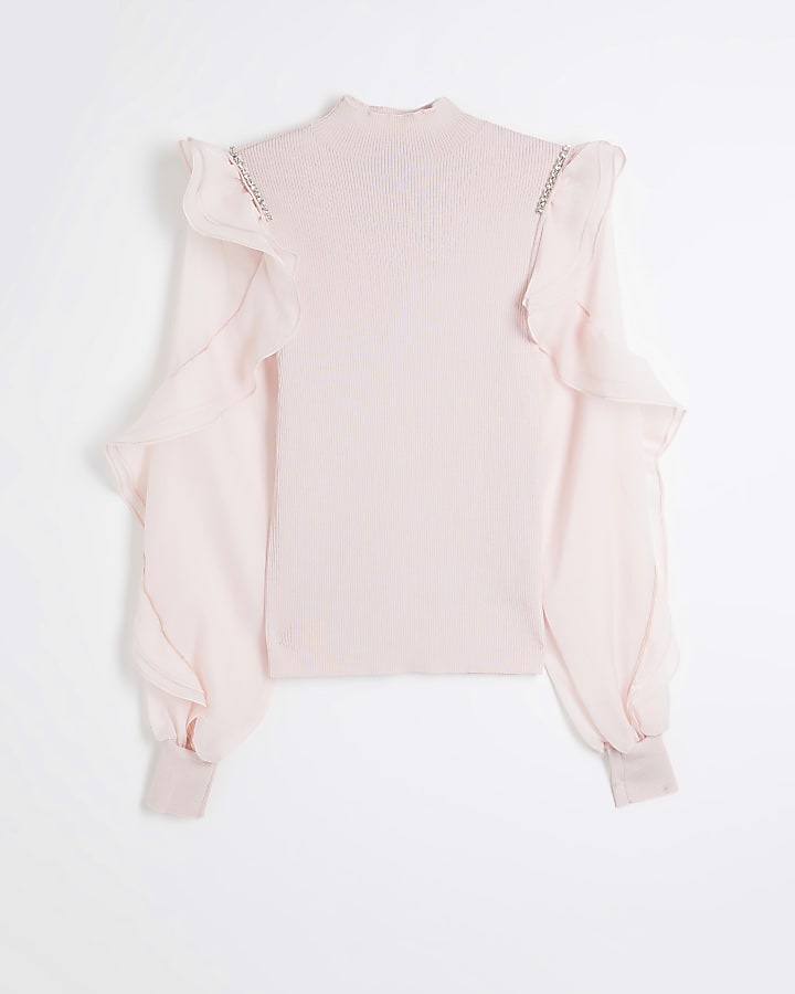 Pink Knit Frill Sleeve Top