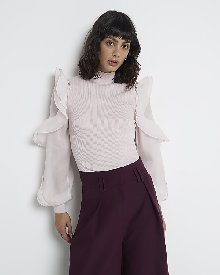 Pink Knit Frill Sleeve Top