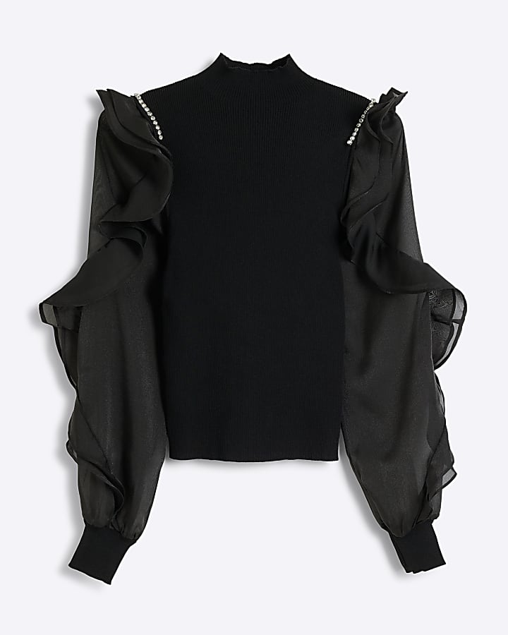 Black Knit Frill Sleeve Top