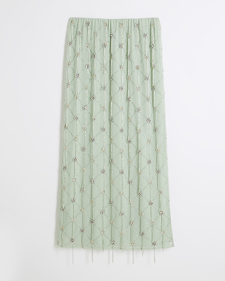 Green Beaded Premium Diamante Midi Skirt