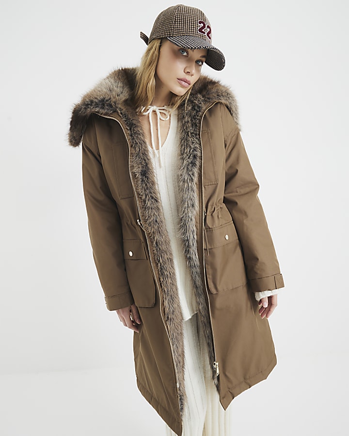 Khaki Premium Faux Fur Trim Jacket