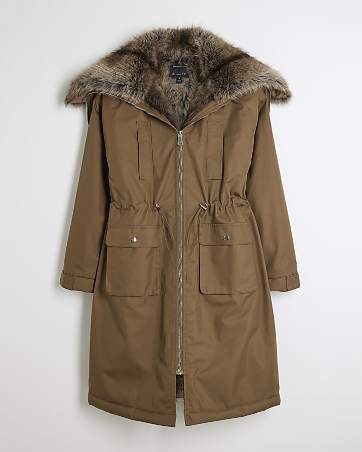 Khaki Premium Faux Fur Trim Jacket