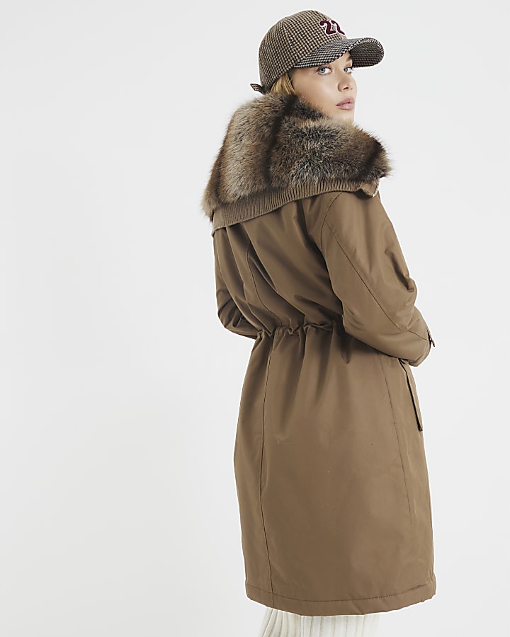 Khaki Premium Faux Fur Trim Jacket