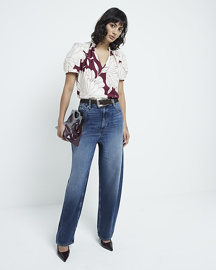 Red floral V neck blouse