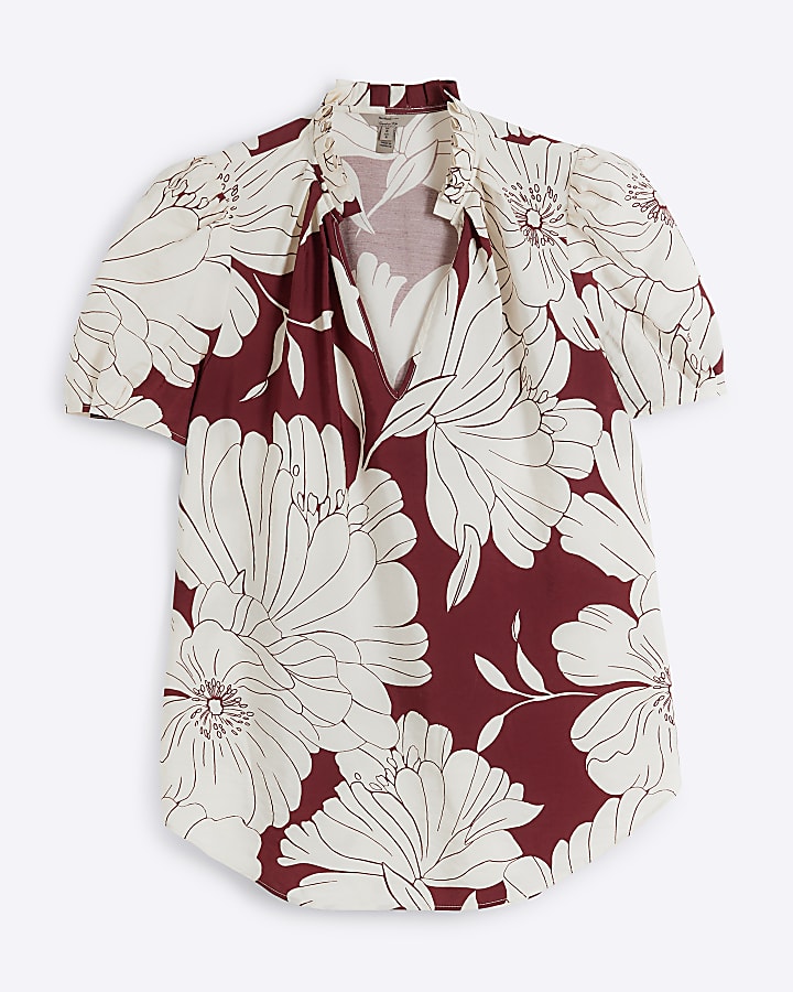 Red floral V neck blouse