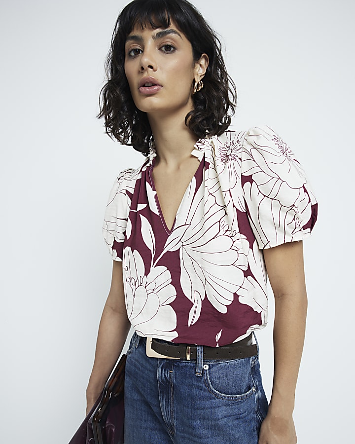Red floral V neck blouse