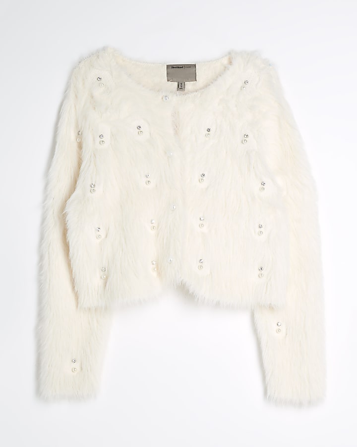 Petite Cream Embellished Faux Fur Cardigan