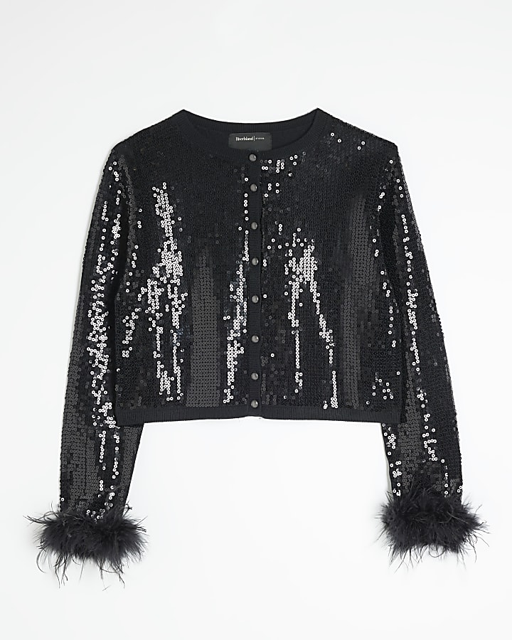 Petite Black Sequin Feather Cuff Cardigan