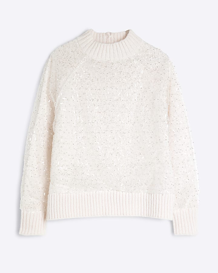 Petite Cream Sequin Overlay High Neck Jumper