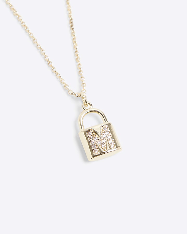 Gold M initial lock necklace