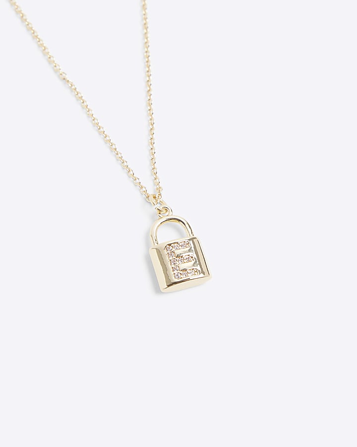 Gold E initial lock necklace