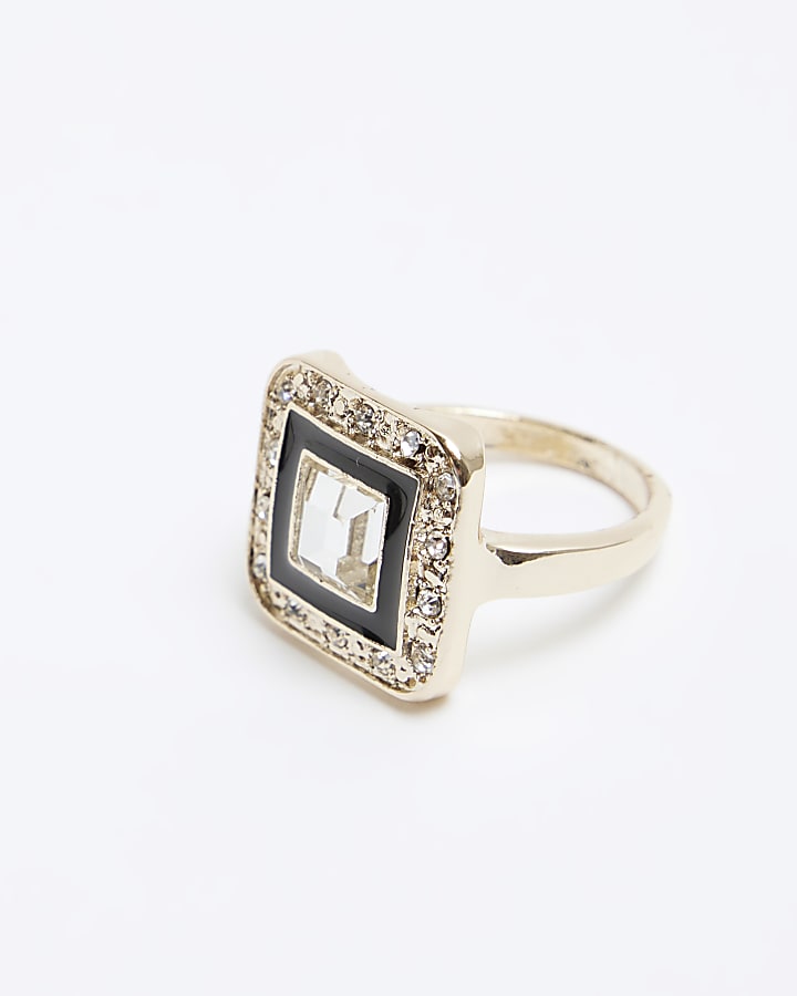 Gold Black Square Crystal Ring