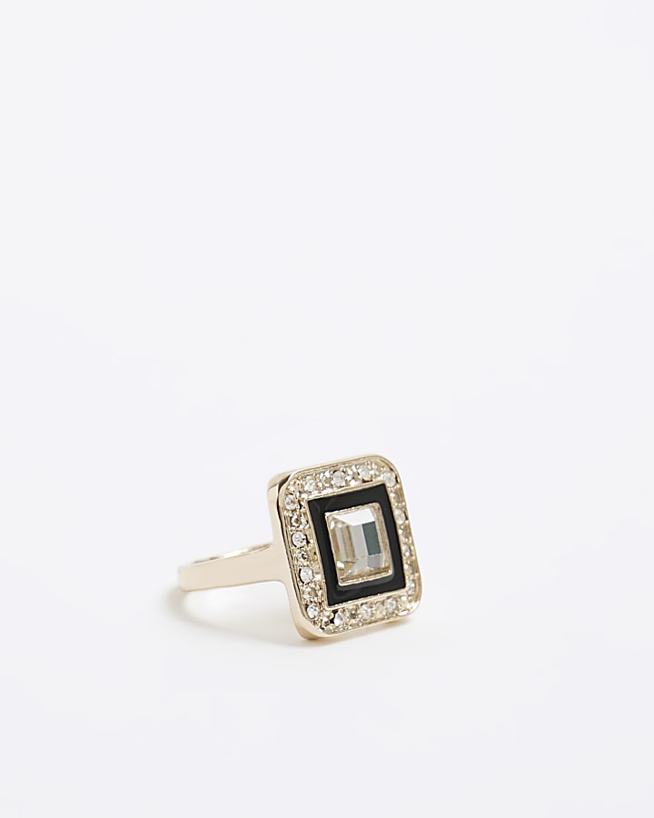 Gold Black Square Crystal Ring