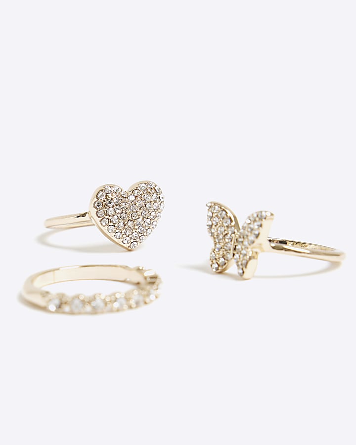 3 Pack Rose Gold Butterfly Heart Rings