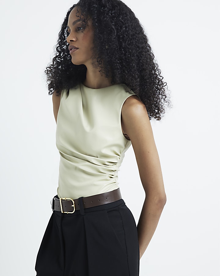 Beige faux leather drape top