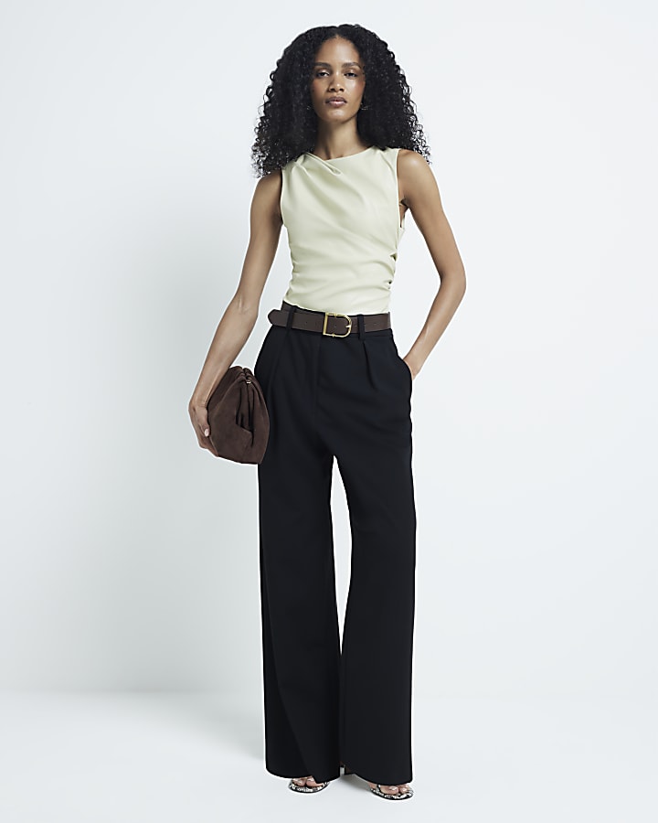 Beige faux leather drape top
