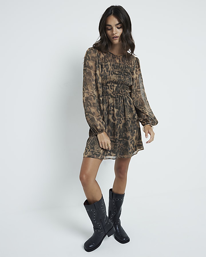 Brown Leopard print Shirred mini dress